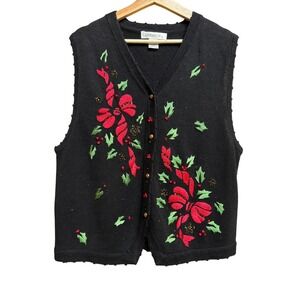 Arriviste Womens Sweater Vest XL VTG Christmas Holiday Embroidered Ribbon Artsy‎